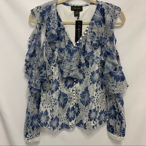 Gracia Blue/White Lace Cold Shoulder Top NWT